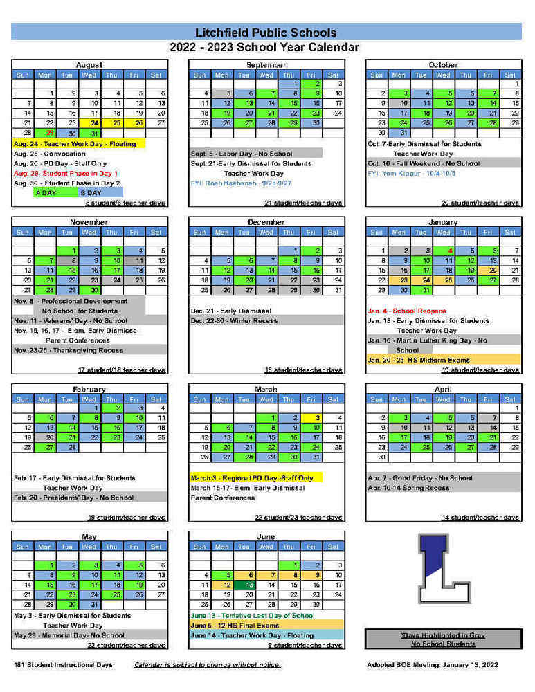 2022 2023 School Calendar Litchfield Middle School