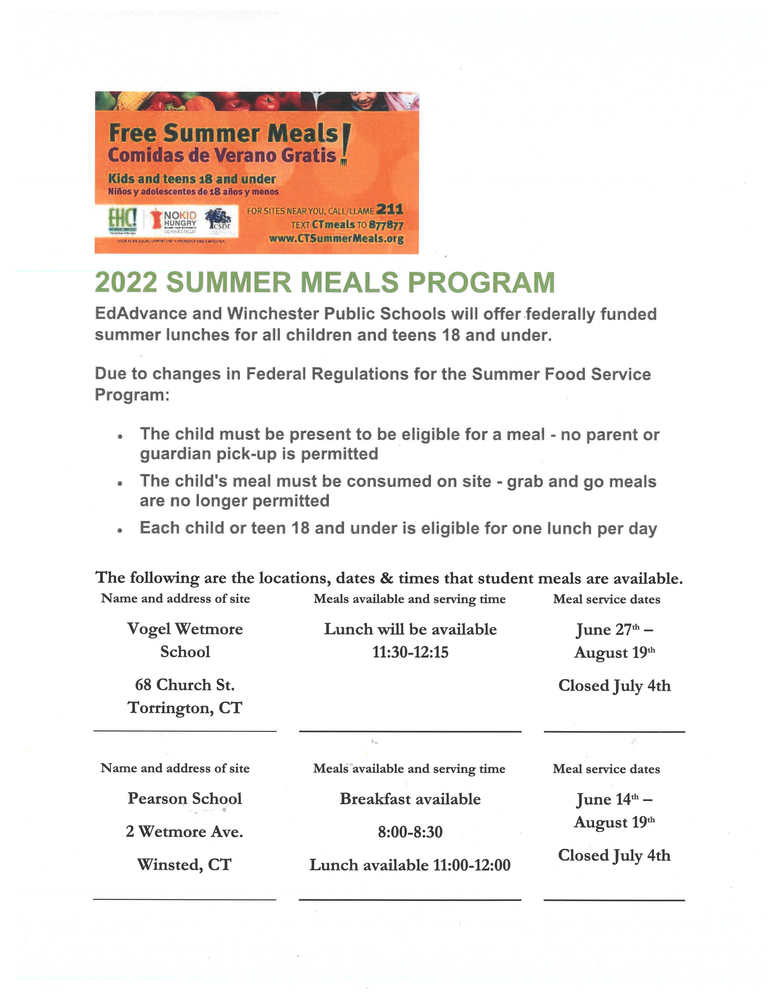 2022 Summer Meals Program Center School