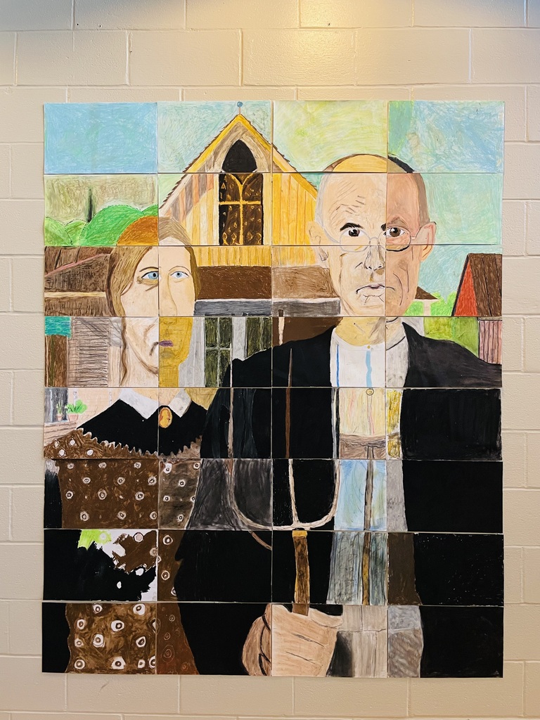 WRMS 7th grade collaborative recreation of Grant Wood's American Gothic.