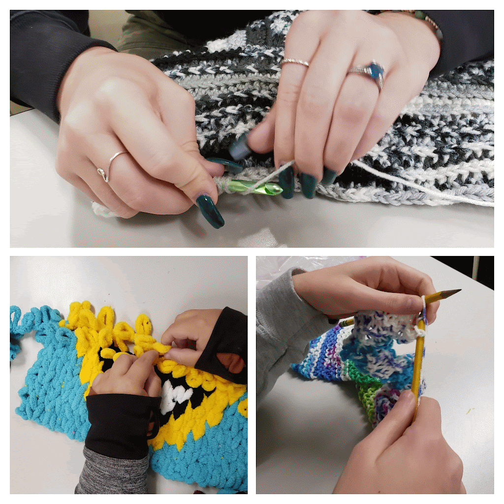 Wamogo CRAFTS students learn to crochet & knit, improvising with pencils as knitting needles!