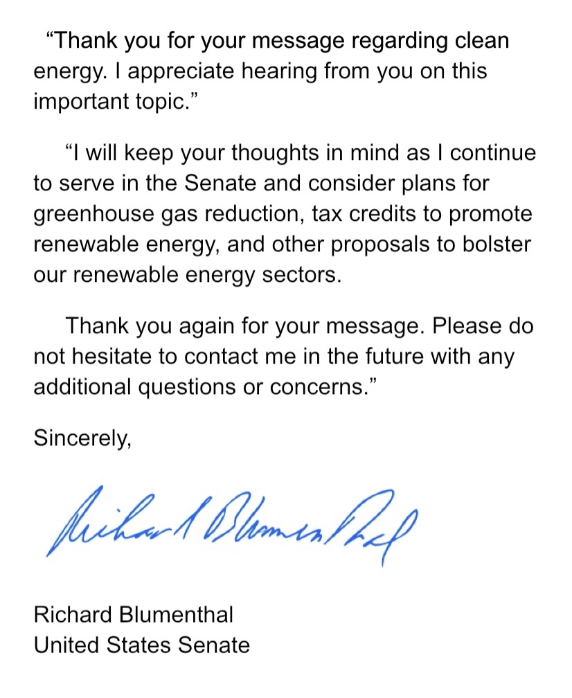 Wamogo student receives letter from Senator Blumenthal!