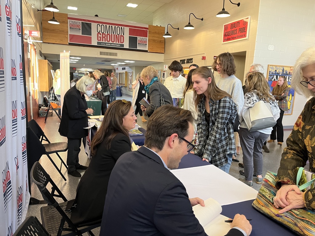 Wamogo students introduce themselves to Cristina Mittermeier and David Wallace-Wells