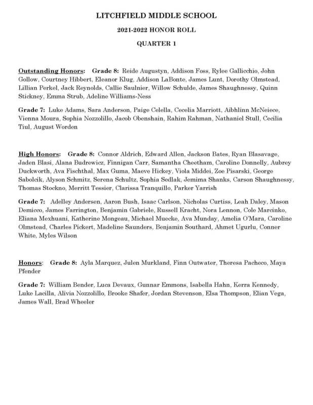 LMS Honor Roll Qtr. 1 2021 2022 Litchfield Middle School