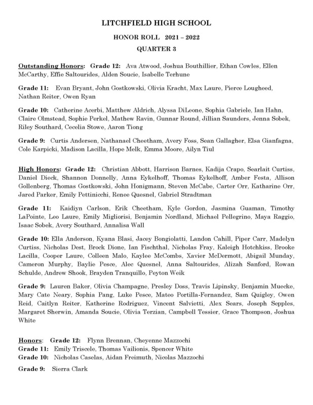 LHS Q3 Honor Roll Litchfield High School