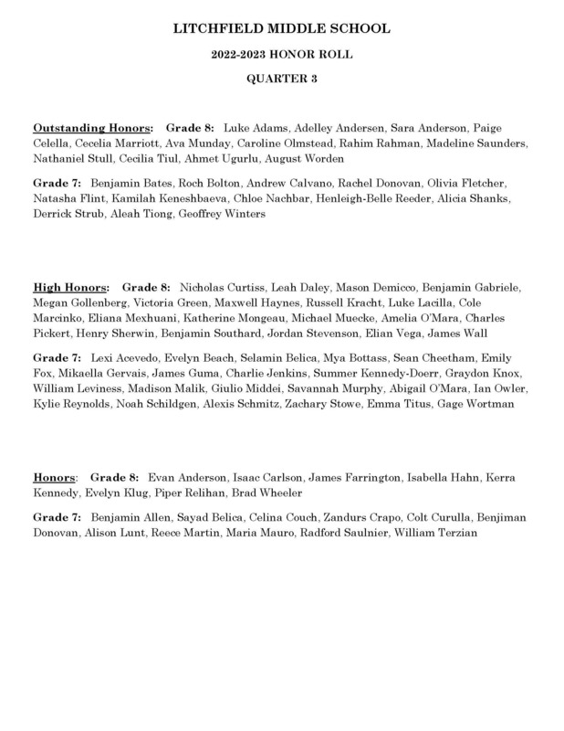 LMS Honor Roll Qtr. 3 Litchfield Middle School